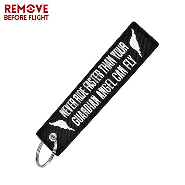 Motorcycle Keychain with Embroidery | Real Men Like Curves Keyring close-up view
