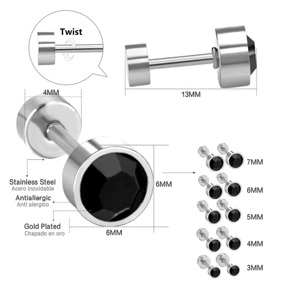 Black Crystal Screw Back Stud Earrings | Stainless Steel Fashion Jewelry for Women close-up view