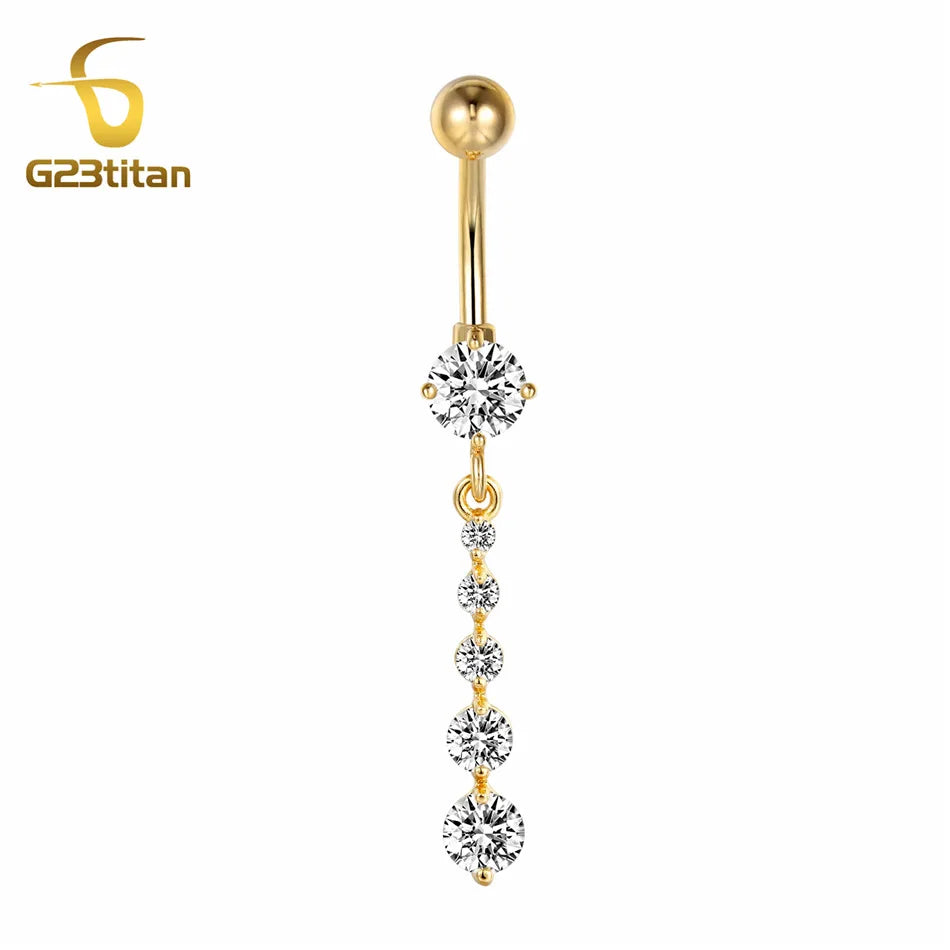 Gold Color Dangle Navel Earring for Women Zircon Pendant Belly Button Ring 14G Surgica close-up view