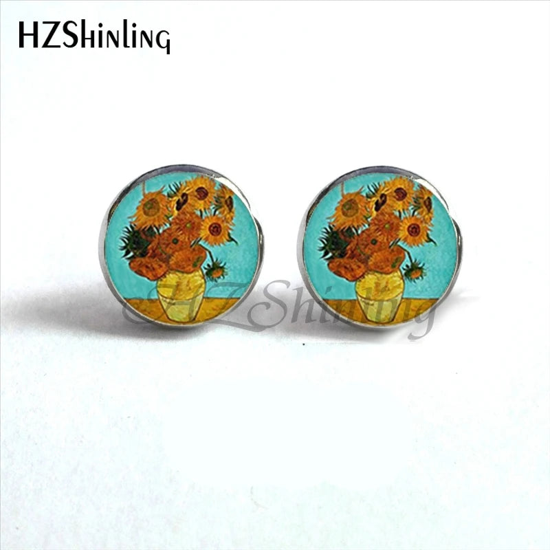 NES-001 Van Gogh Painting Stud Earrings The Starry Night Ear Studs Van Gogh Sunflower lifestyle view