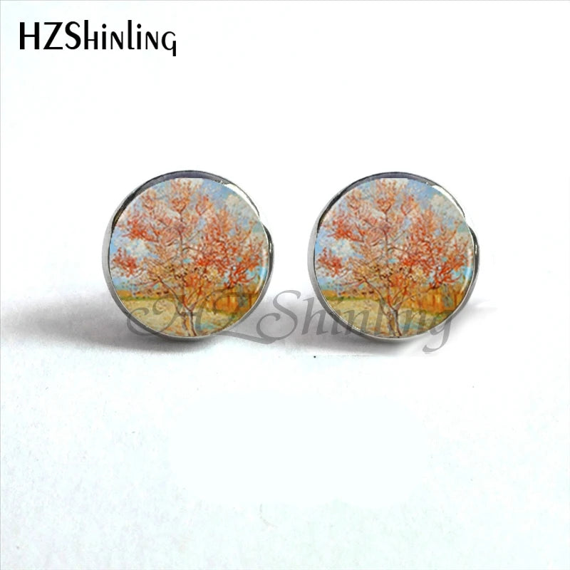 NES-001 Van Gogh Painting Stud Earrings The Starry Night Ear Studs Van Gogh Sunflowers R detail view