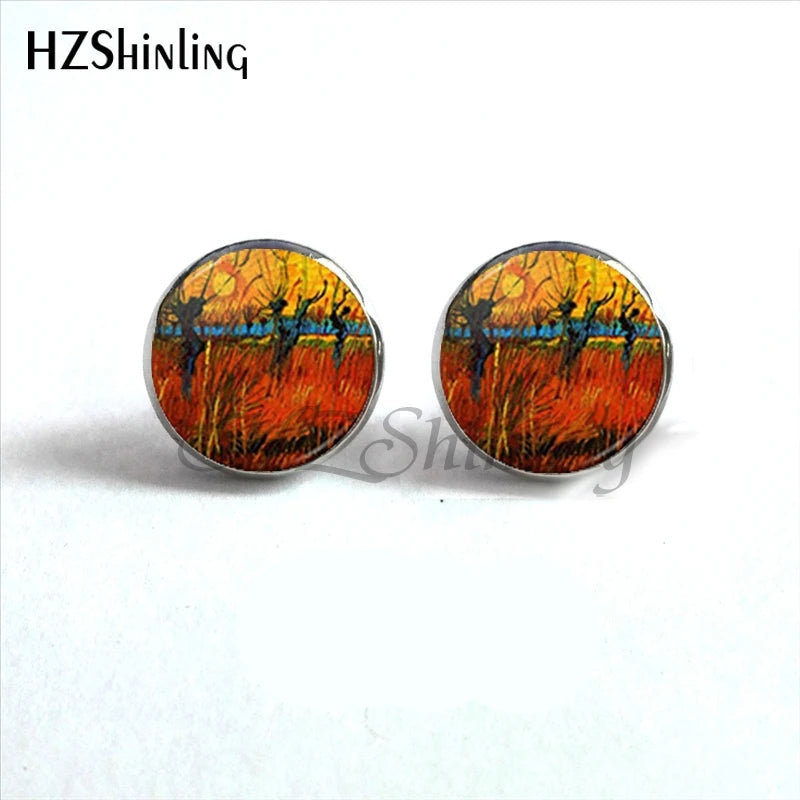 NES-001 Van Gogh Painting Stud Earrings The Starry Night Ear Studs Van Gogh Sunflower lifestyle view