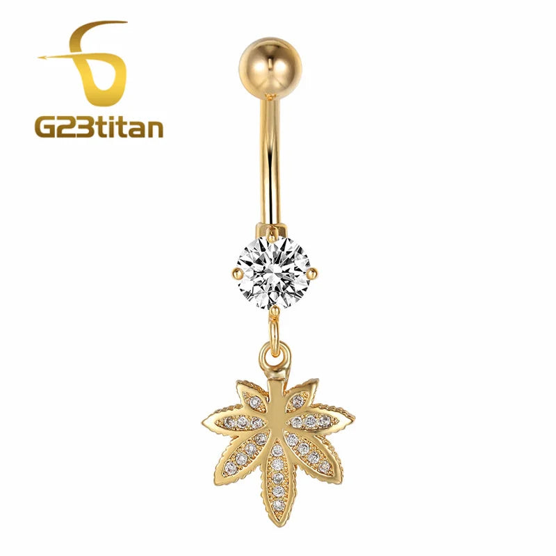 Gold Color Dangle Navel Earring for Women Zircon Pendant Belly Button Ring 14G Surgica close-up view