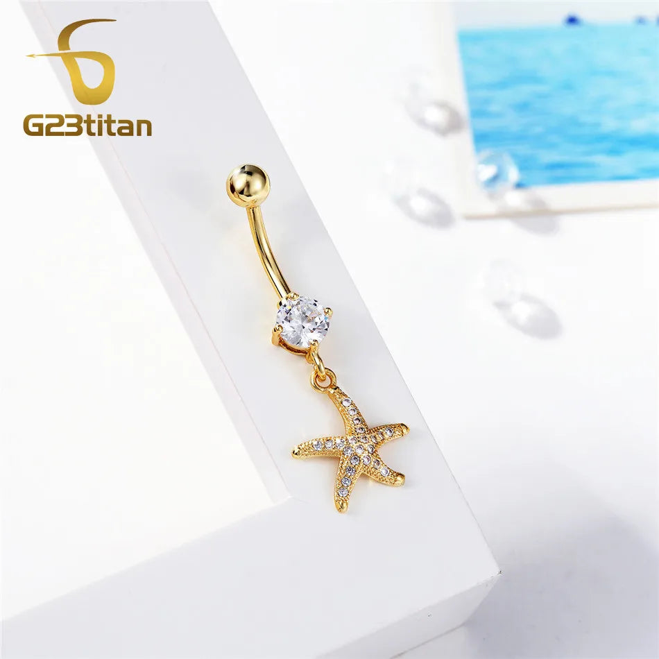 Gold Color Dangle Navel Earring for Women Zircon Pendant Belly Button Ring 14G Surgic alternate view