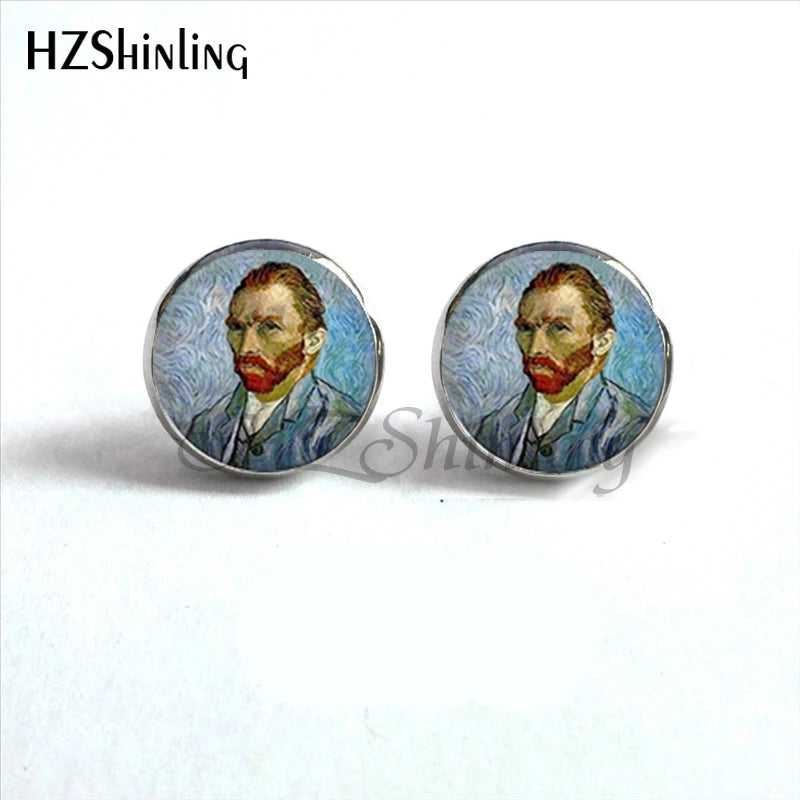 NES-001 Van Gogh Painting Stud Earrings The Starry Night Ear Studs Van Gogh Sunflowers close-up view