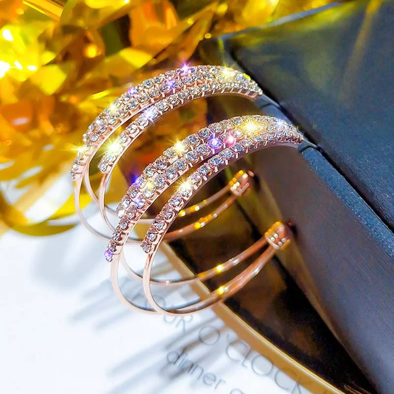 Silver Needle Hoop Earrings for Women Jewelry Rose Gold Pated Alloy Statement Rhinesto close-up view