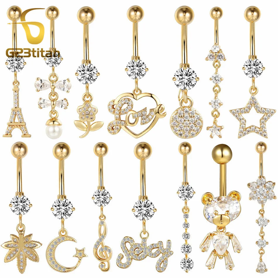 Gold Color Dangle Navel Earring for Women Zircon Pendant Belly Button Ring 14G Surgical Steel Pierci