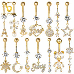 Gold Color Dangle Navel Earring for Women Zircon Pendant Belly Button Ring 14G Surgical Steel Pierci