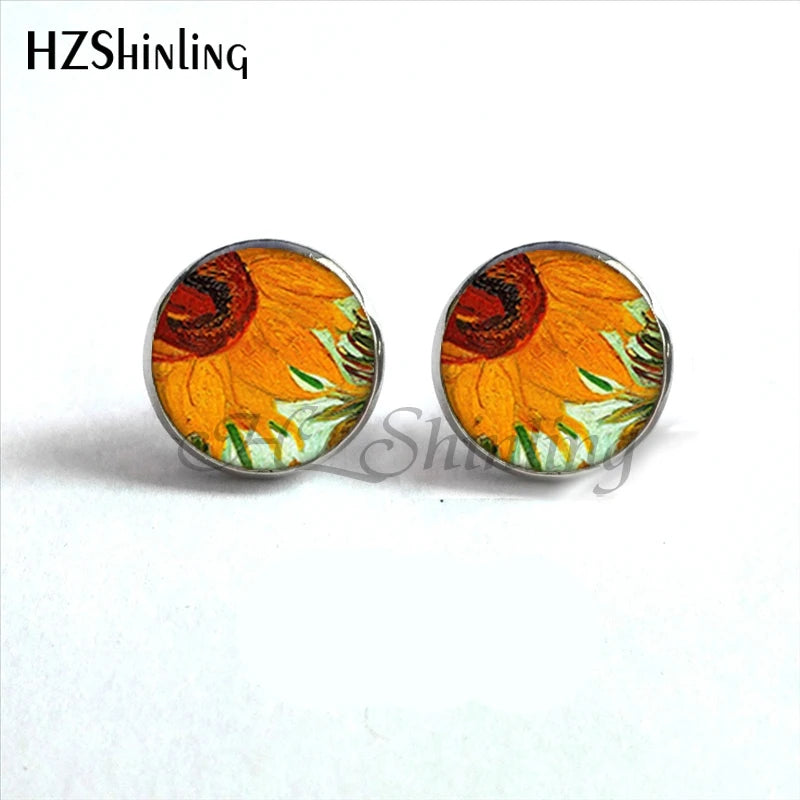 NES-001 Van Gogh Painting Stud Earrings The Starry Night Ear Studs Van Gogh Sunflow additional angle