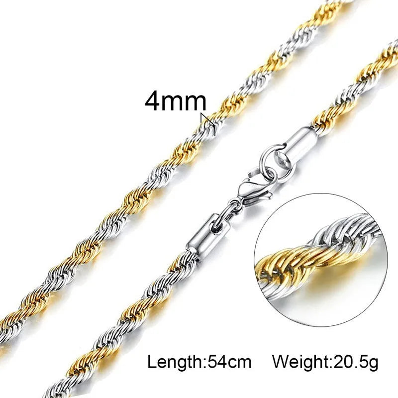 Stainless Steel Rope Chain Necklace | Gold Twisted Wave Link Choker close-up view