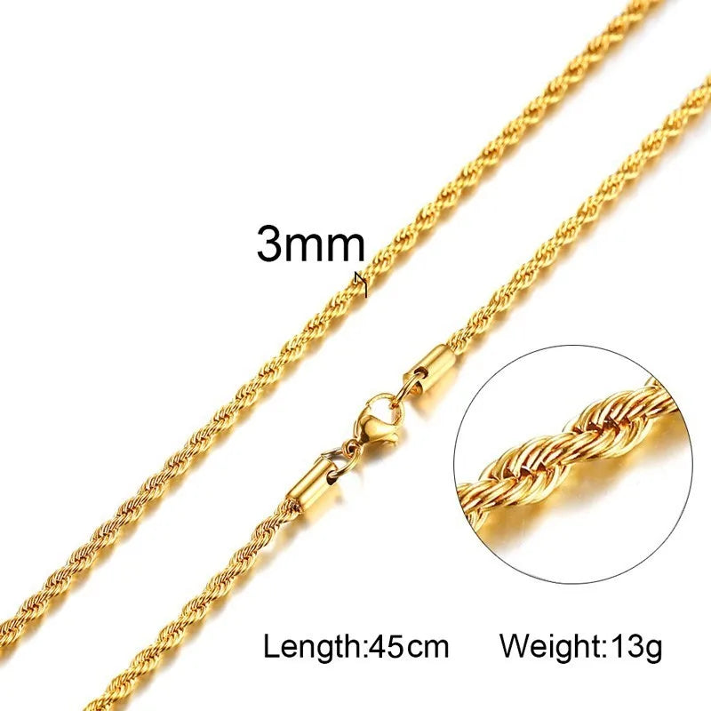 Stainless Steel Rope Chain Necklace | Gold Twisted Wave Link Choker close-up view