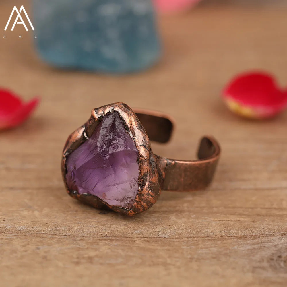 Irregular White Quartz Point Beads Bronze Handmade Rings Jewelry Women Natural Stone Adj detail view
