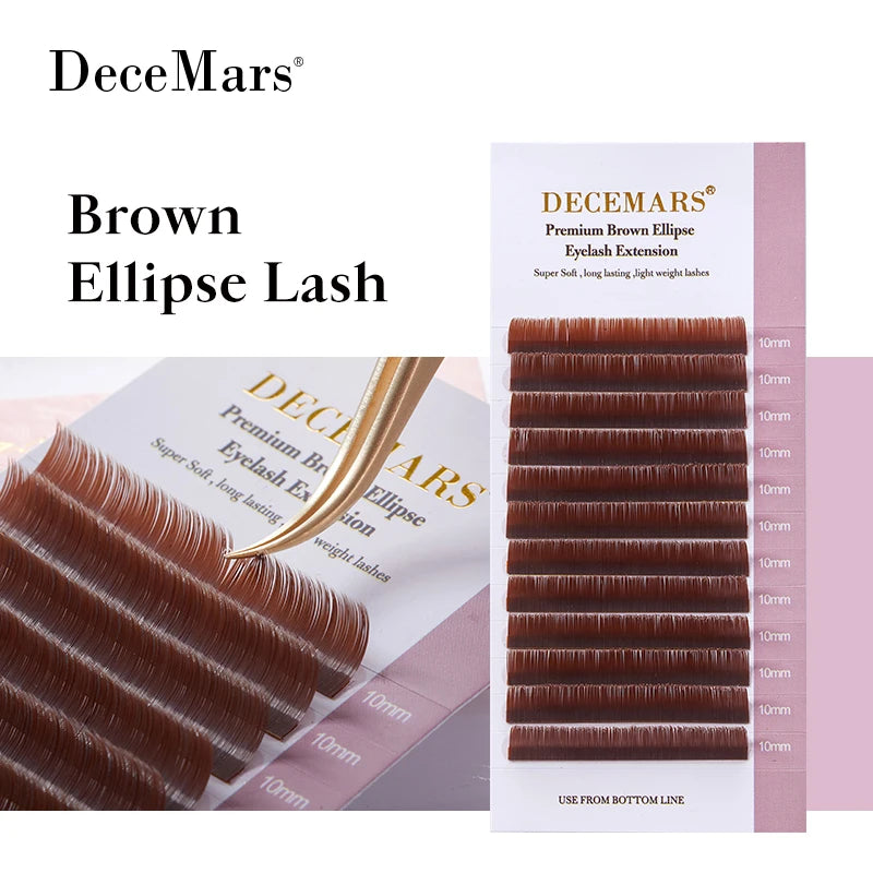 DeceMars Brown Matte Ellipse Flat Eyelash Extensions | Soft Tip Individual Lashes for close-up view