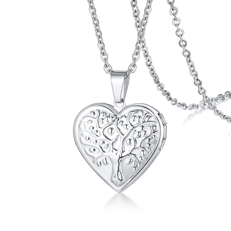 Delicate Floral Oval Heart Locket Pendant Necklaces for Women,Stainless Steel Photo F alternate view