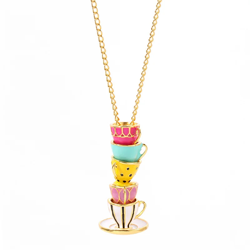 Enamel Tea Cup Pendant Necklace | Trendy Long Chain Jewelry lifestyle view