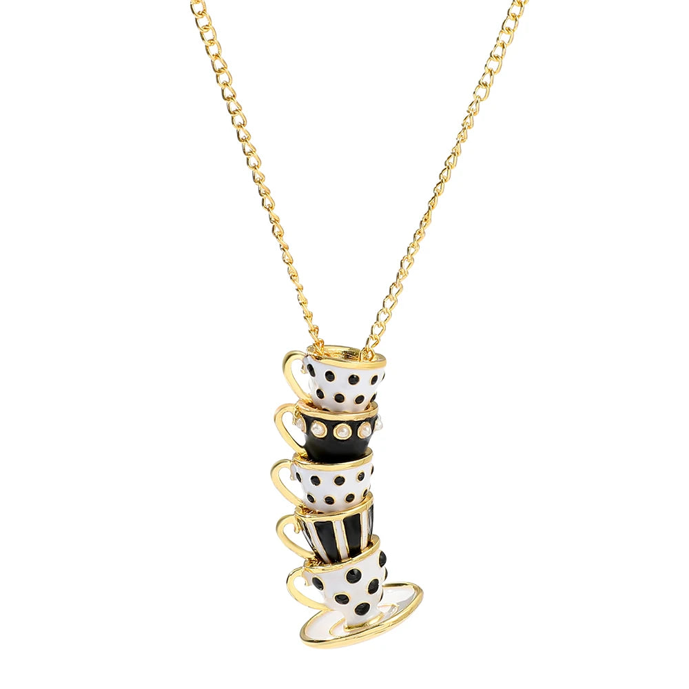 Enamel Tea Cup Pendant Necklace | Trendy Long Chain Jewelry detail view