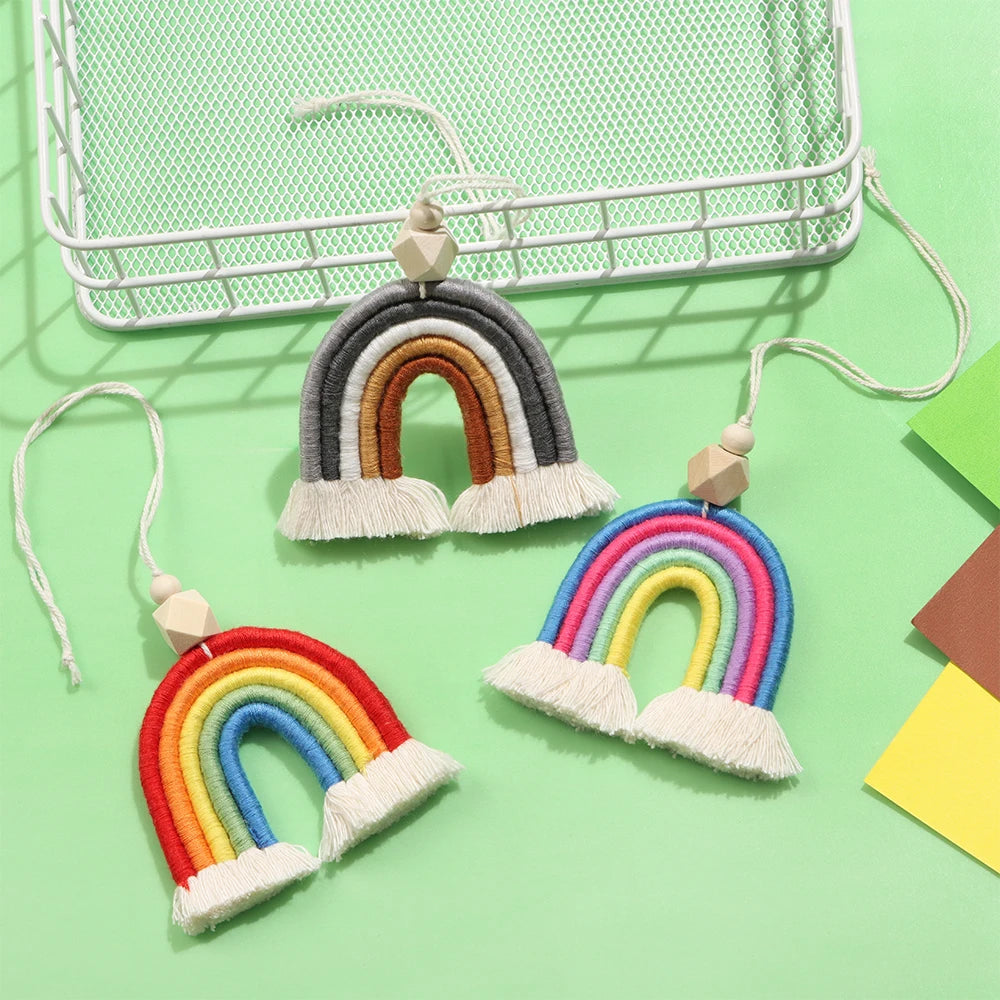 Boho Handmade Rainbow Decoeation Weaving Rainbow Keychains Car Rearview Mirror Pendant A detail view