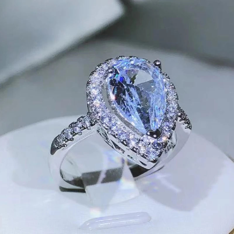 925 sterling silver elegant and exquisite drop-shaped white zircon ring with diamonds lifestyle view
