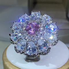 925 Silver Trendy Luxury Jewelry Ladies Shiny White Zirconia Crystal Flower Female Ring detail view