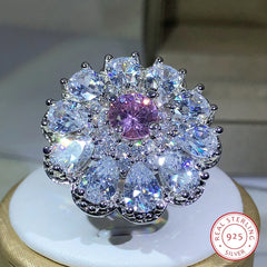 925 Silver Trendy Luxury Jewelry Ladies Shiny White Zirconia Crystal Flower Female Ring for Women Pa