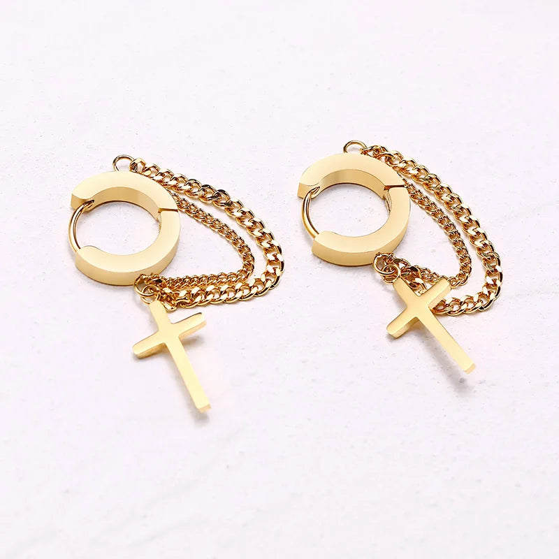 Stainless Steel Cross Double Chain Huggie Hoops Earring Pair for Men Women Earrings lifestyle view
