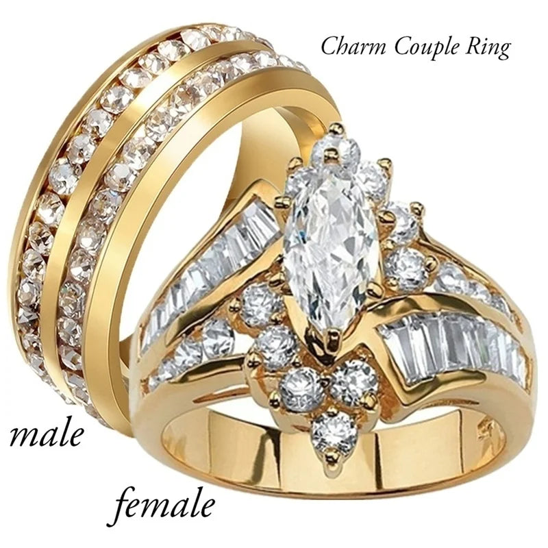 Fashion Couple Rings Women Marquise Cut Crystal CZ Ring Men's Two Rows CZ Stone Stainless Steel Ring