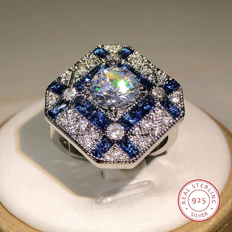 925 Silver Luxury Geometry Big Rings For Men Women Blue White Zircon Engagement Ring Birthstone sapp