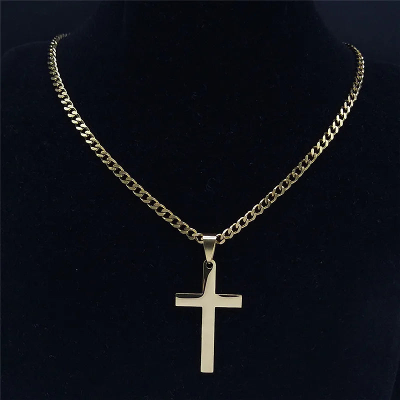 Gold Stainless Steel Cross Pendant Necklace | Hip Hop Jesus Chain Jewelry for Men Wom lifestyle view