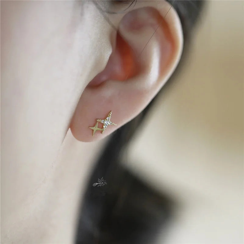 925 Sterling Silver Micro Inlaid Crystal Four-Pointed Star Plating 14k Gold Earrings W close-up view
