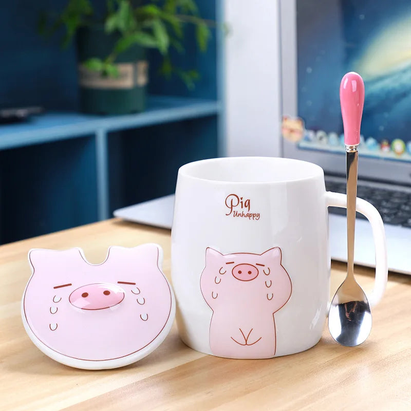 500mL Ceramics Cute Pig Mug with Lid Spoon Coffee Milk Tea Cup Water Drinking Glasses alternate view