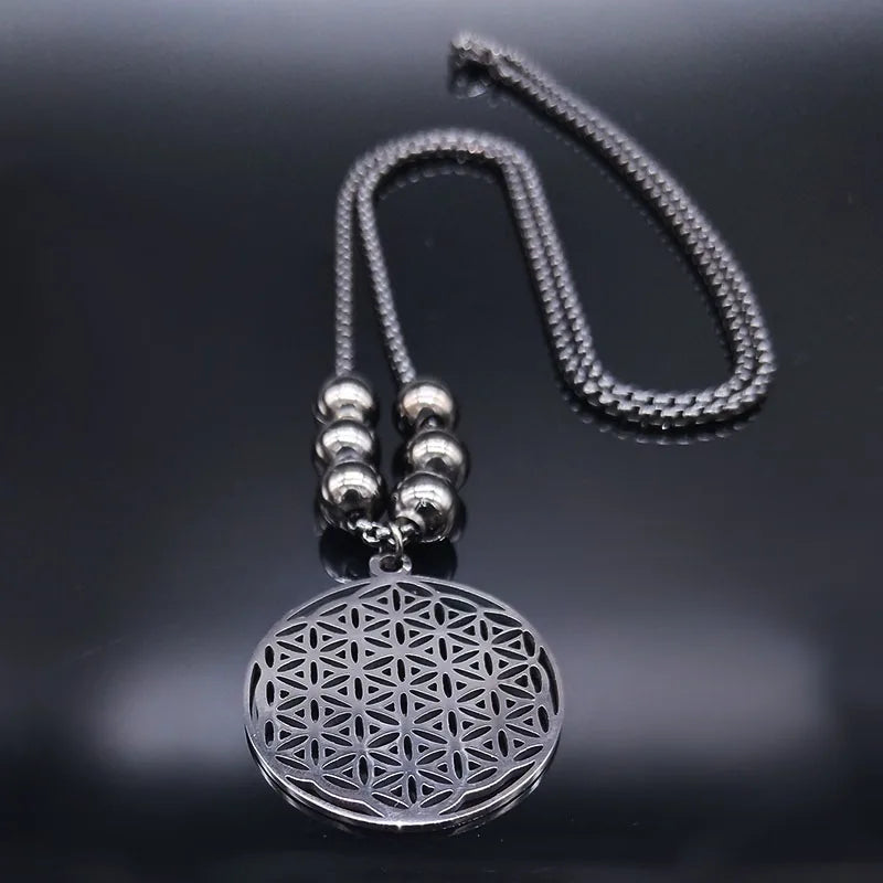 Sacred Geometry Flower of Life Necklace | Stainless Steel Mandala Pendant with Black alternate view