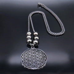 Sacred Geometry Flower of Life Necklace | Stainless Steel Mandala Pendant with Black alternate view