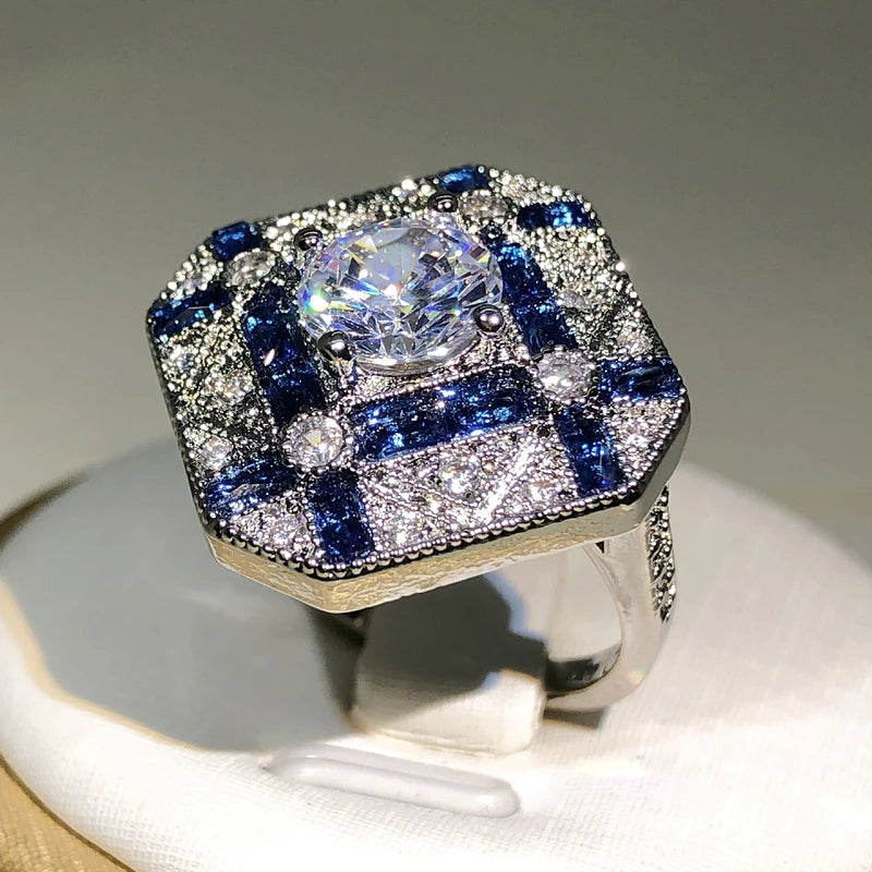 925 Silver Luxury Geometry Big Rings For Men Women Blue White Zircon Engagement Ring alternate view