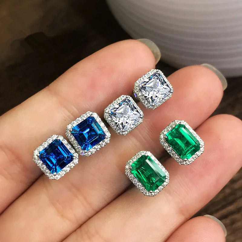 Huitan Rectangle/Square Green Cubic Zircon Stud Earrings Women Elegant Party Accessories Anniversary