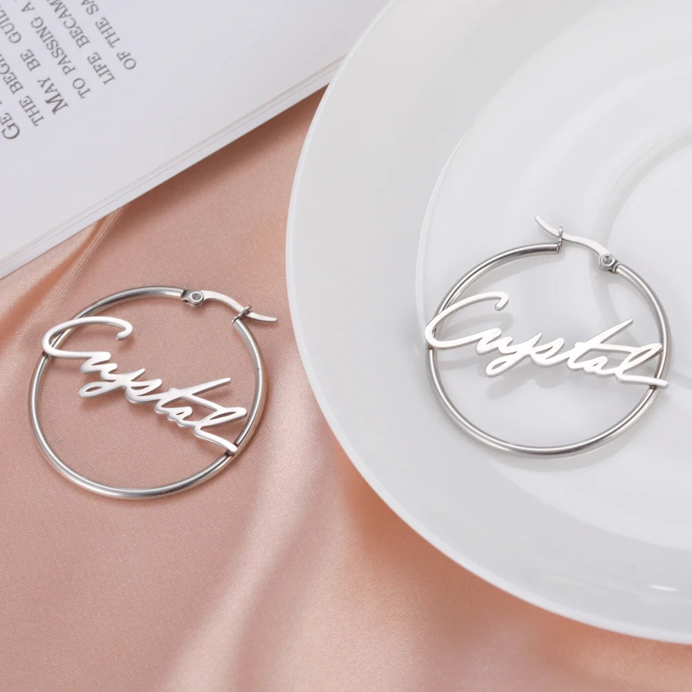 Custom Nameplate Hoop Earrings for Women | Personalized Stainless Steel Jewelry alternate view