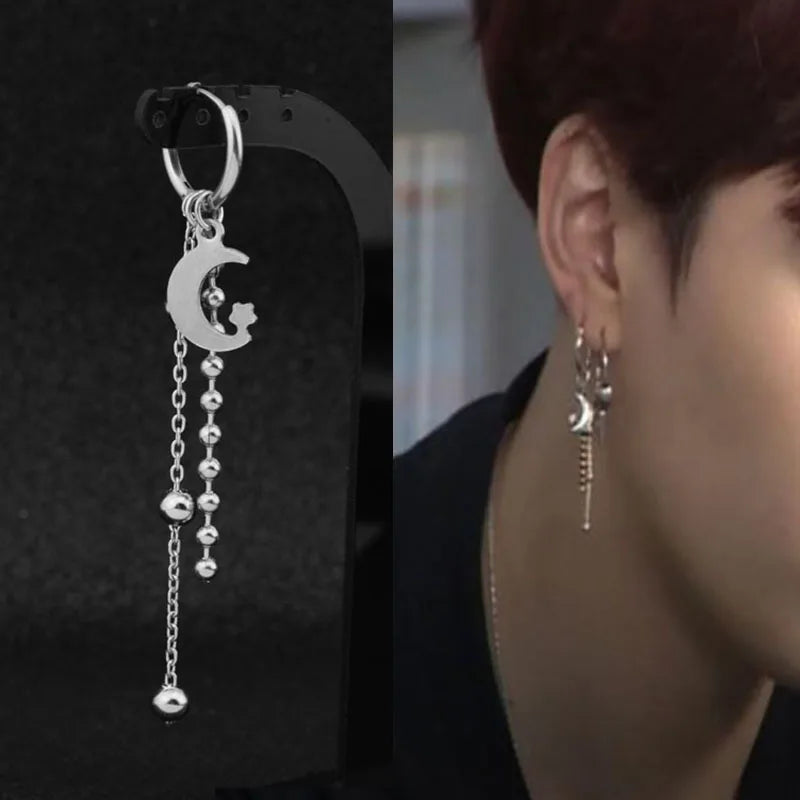 KPOP Korean Stainless Steel Stud Earrings Women Mens Moon Feather Chain Cross Geometr lifestyle view