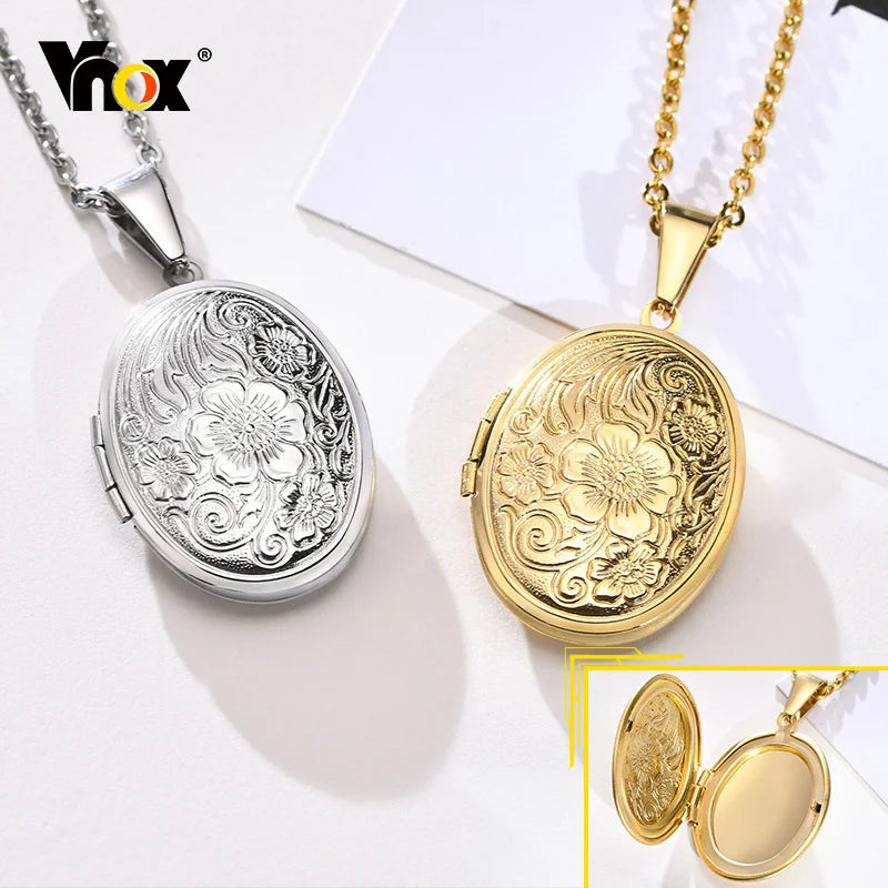 Monogram Floral Oval Heart Locket Pendant Necklace | Stainless Steel Photo Frame Keepsake