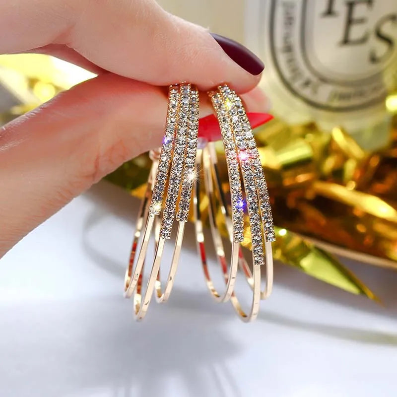 Silver Needle Hoop Earrings for Women Jewelry Rose Gold Pated Alloy Statement Rhinestone detail view