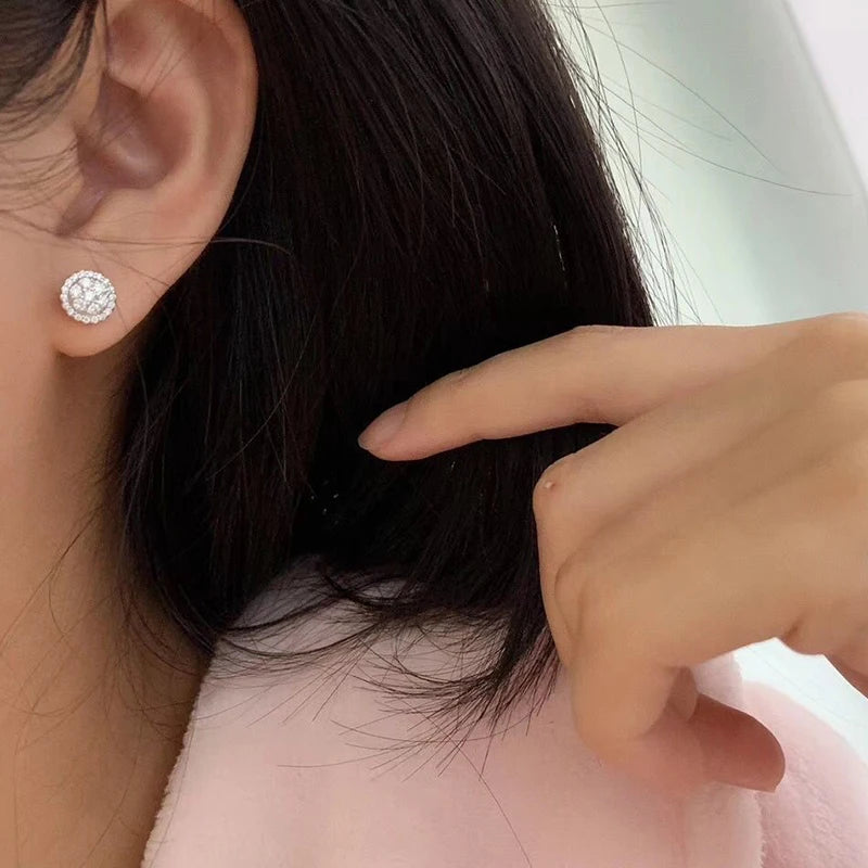 Dainty Round Cubic Zirconia Stud Earrings for Women | Classic White CZ Push-Back Earr lifestyle view
