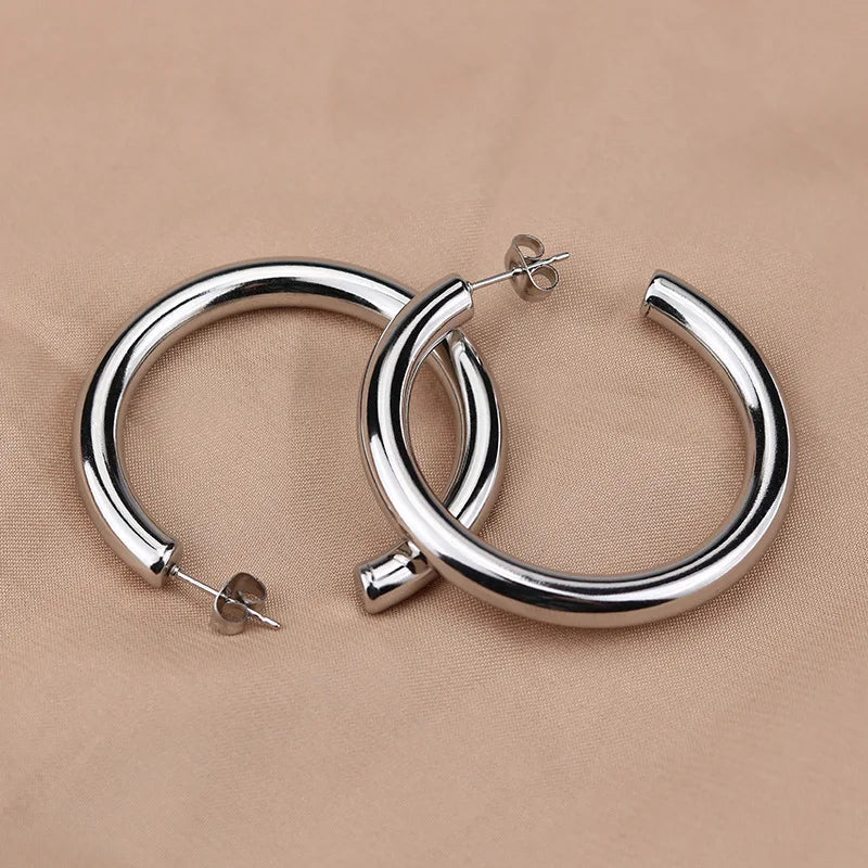 Big Round Stainless Steel Hoop Earrings | Minimalist Gold Circle Earrings for Women additional angle