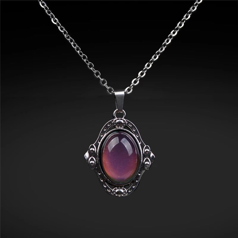 Mood Color Change Necklace | Retro Palace Elliptic Pendant with Stainless Steel Chain lifestyle view