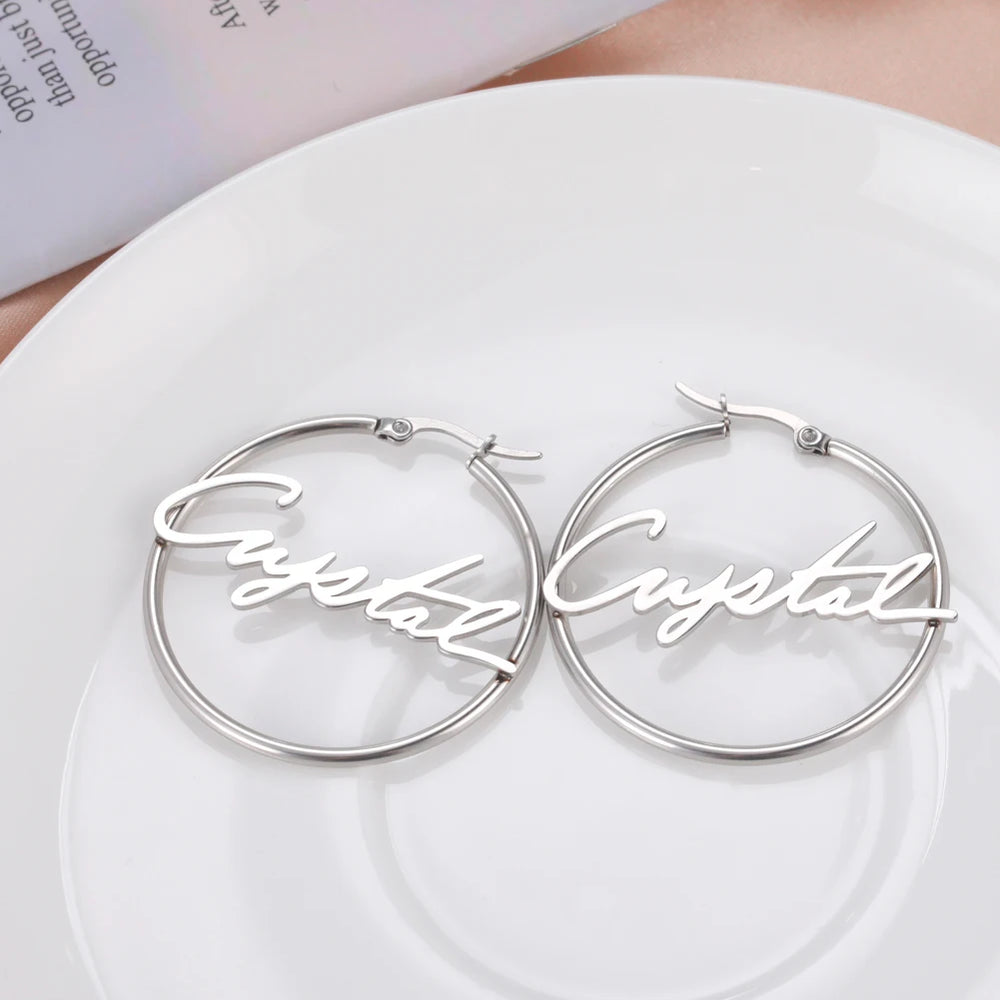 Custom Nameplate Hoop Earrings for Women | Personalized Stainless Steel Jewelry lifestyle view