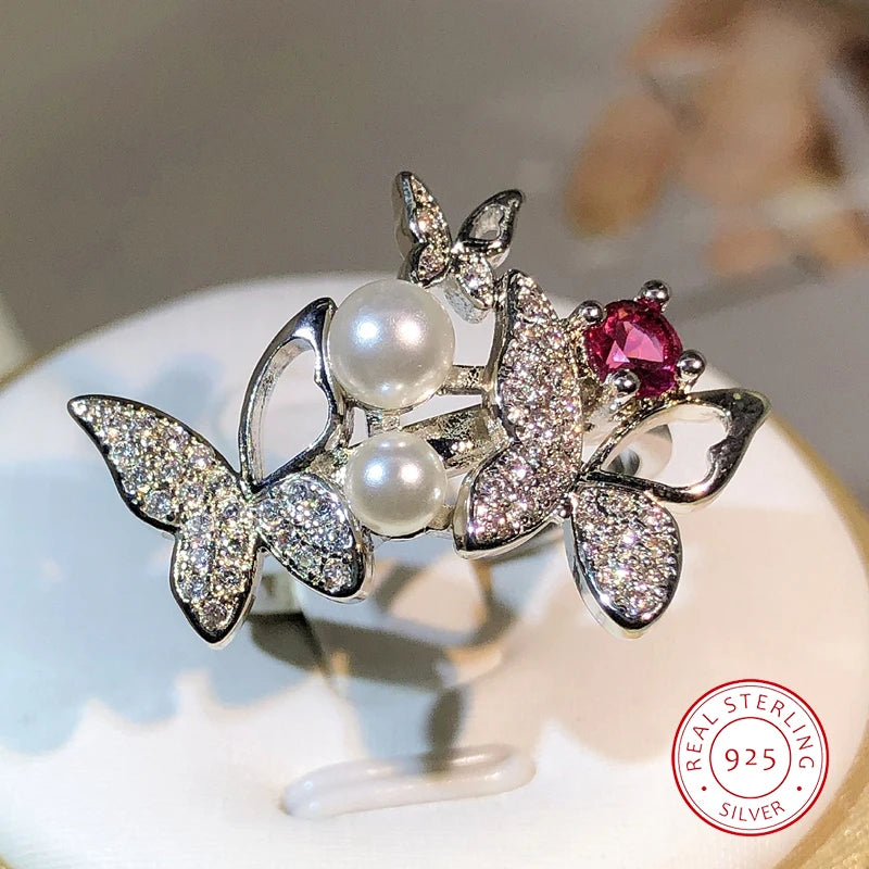 925 Silver Elegant Double Pearl Double Butterfly Full Zircon Ring Jewelry Ladies Zircon Sweet Girl R