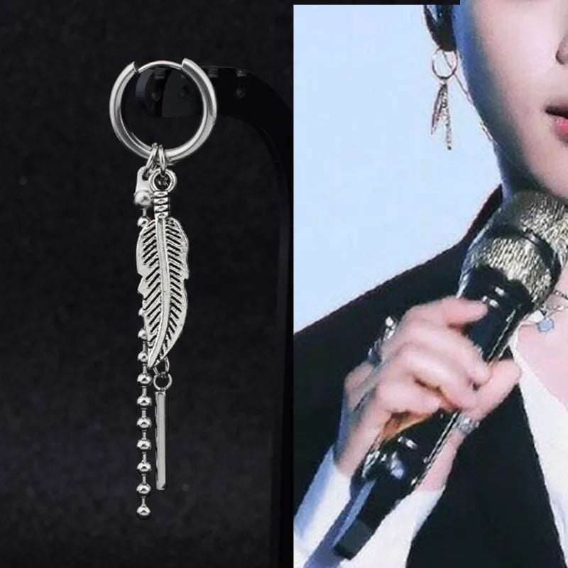 KPOP Korean Stainless Steel Stud Earrings Women Mens Moon Feather Chain Cross Geometri close-up view