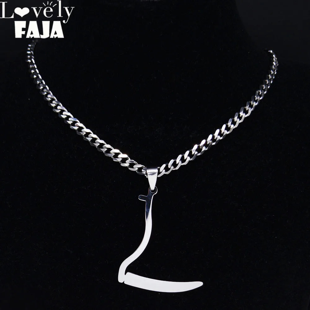 Silver Grim Reaper Sickle Pendant Necklace | Punk Stainless Steel Jewelry for Women