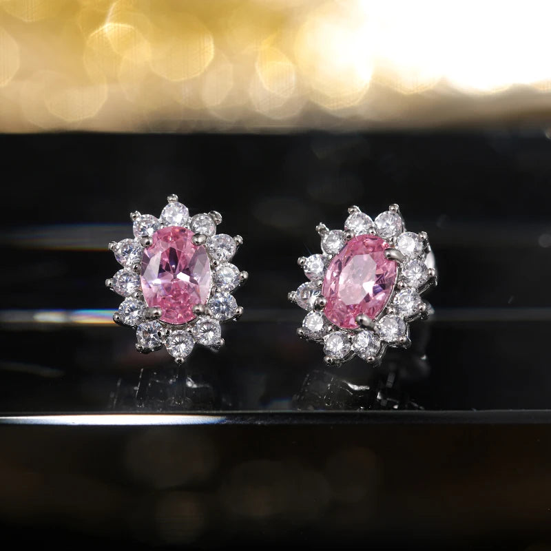 Huitan Fashion Sunflower Shape Stud Earrings Women Brilliant Oval Cubic Zirconia Lu additional angle