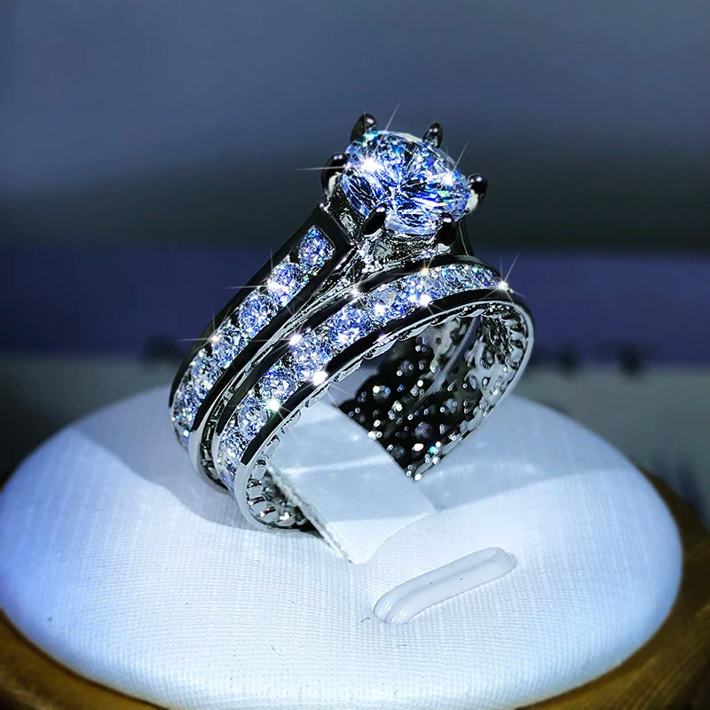 925 Silver Luxury Engagement Rings for Women 2Pcs/Set Shiny Zircon Novel Design Two T alternate view