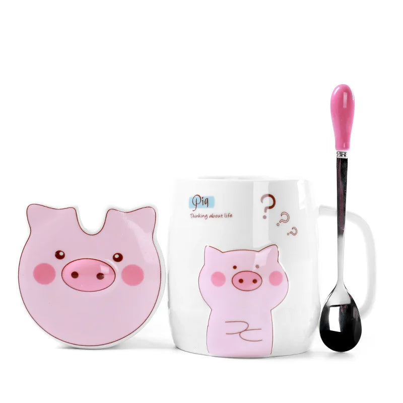 500mL Ceramics Cute Pig Mug with Lid Spoon Coffee Milk Tea Cup Water Drinking Glasses Tumbler Creati
