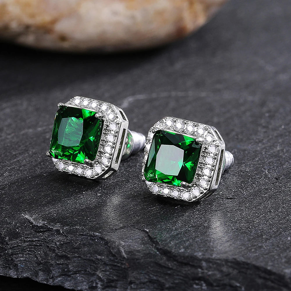 Huitan Rectangle/Square Green Cubic Zircon Stud Earrings Women Elegant Party Accessories detail view