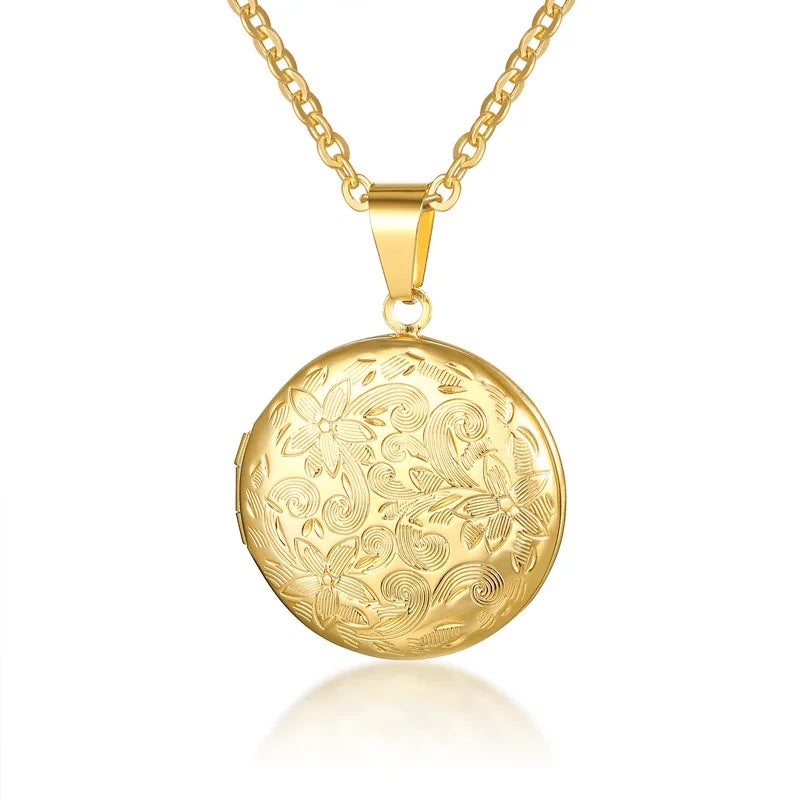 Delicate Floral Oval Heart Locket Pendant Necklaces for Women,Stainless Steel Photo Fr close-up view